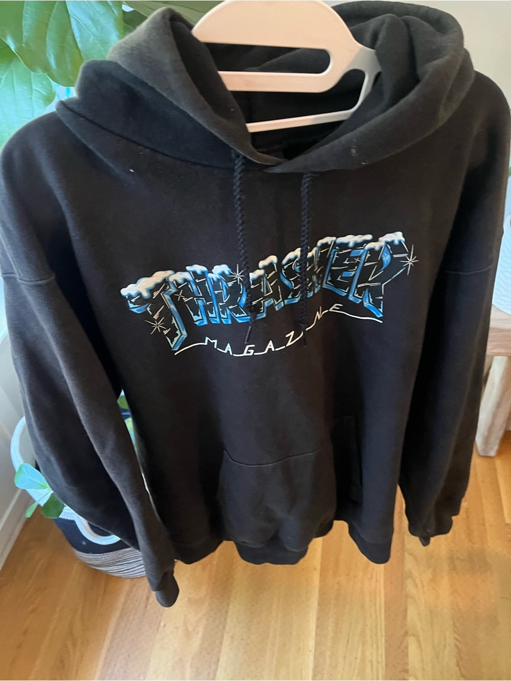 Thrasher Black Hoodie with Blue and White Script Logo